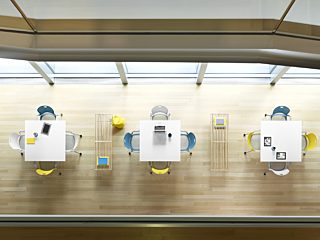three white square tables with blue, white, and yellow chairs around them. two wood benches alternating between white tables.