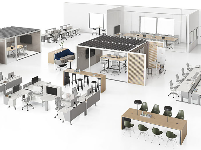A high resolution CET image of an office floorplan design showing a variety of types of spaces and furniture applications