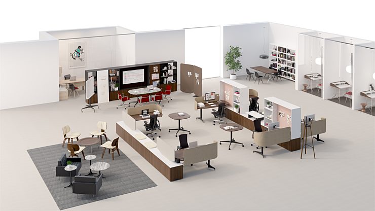 A computer generated 3D rendering of an executive suite of offices with a variety of setting types.