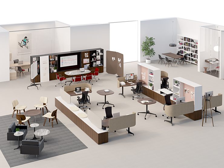 A computer generated 3D rendering of an executive suite of offices with a variety of setting types.